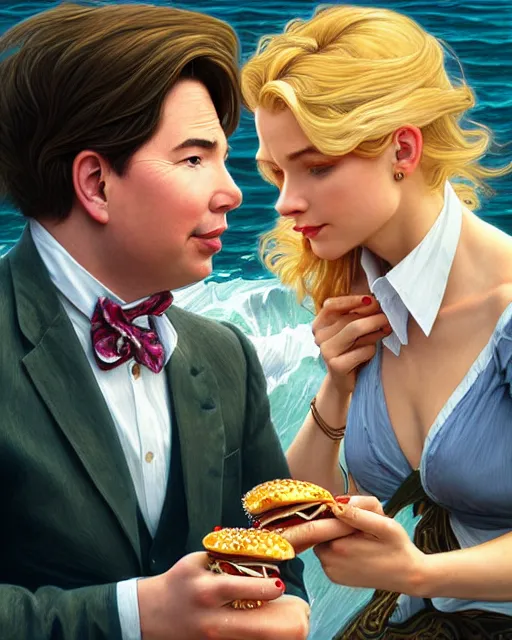 Prompt: Portrait of a blonde lady and Michael mcintyre eating ice burgers in Porto waterfront,real life skin, intricate, elegant, highly detailed, artstation, concept art, smooth, sharp focus, art by artgerm and greg rutkowski and alphonse mucha