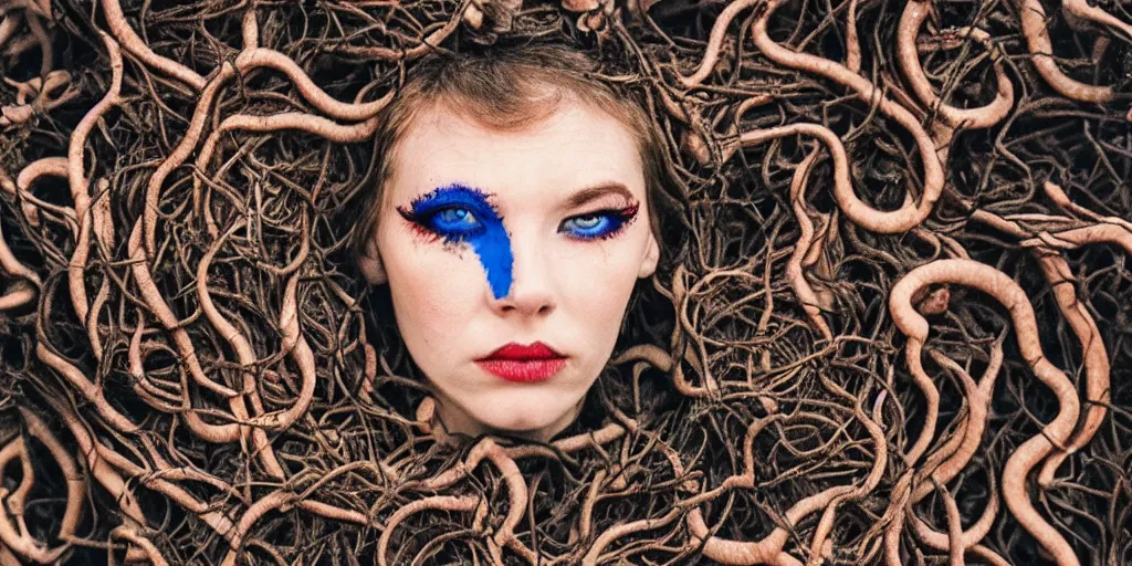 Image similar to queen of snakes, rotting crown of vines, red eyes + blue skin