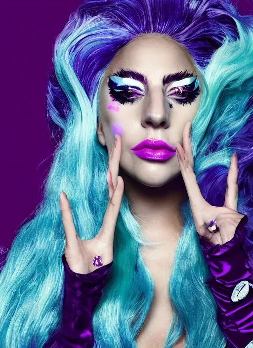 Image similar to lady gaga with long white hair holding a peace sign, an album cover by Hedi Xandt, featured on deviantart, holography, smokey background, matte background, seapunk High resolution. Highly detailed. Dramatic. 8k.4k.