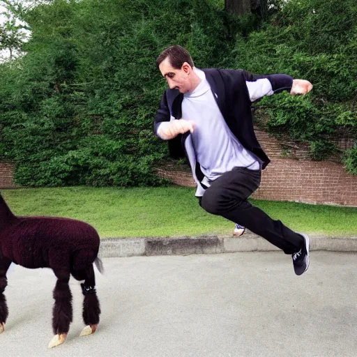 Prompt: High quality photo of Michael Scott doing parkour with a llama