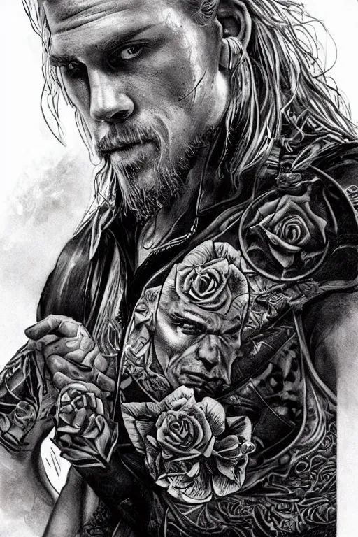 Image similar to Photorealistic half body Portrait of Jax Teller as a very attractive muscular biker, all his skin covered by flowers, elvish symbols and and dark grim themed tattoos. surrounded by magic lightings overlays, Intricate, concept art, magic lighting overlays, magical portal opened, D&D!, fantasy style, sharp focus!, ultra detailed, art by Artgerm and Peter Andrew Jones, WLUP, Magali Villeneuve