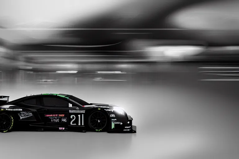 Prompt: black cadillac blackwing 2023. ct5-v GT3 LMP1 car racing on dimly lit track overcast skies raining. headlights illuminating track, volumetric lighting cinematic vray photo muted colors dark cinematic. dark photo. front side view uncropped centered. artstation trending dramatic harsh lighting low exposure, motion blur, dof