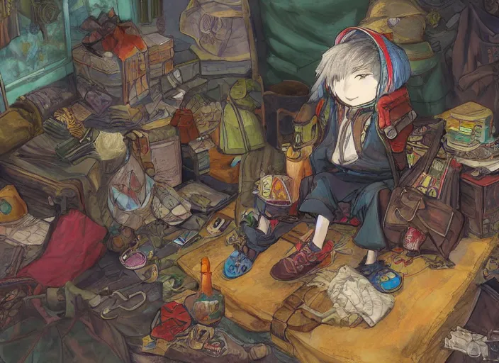 Image similar to JRPG art, a fullbody illustration of a mysterious wandering merchant sitting down wearing a large, tall backpack piled high with textiles, furs, and miscellaneous objects, in the style of yoshitaka amano