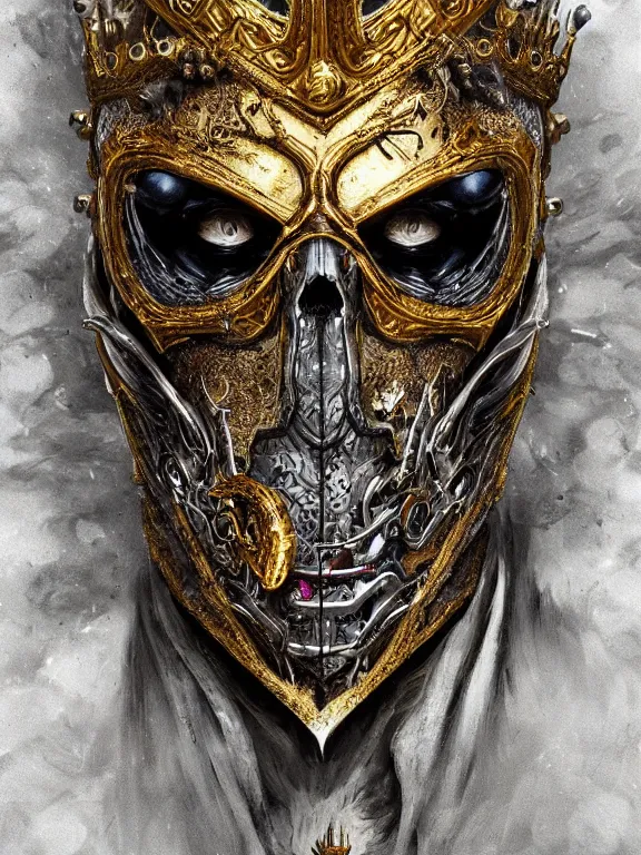 Image similar to portrait art of 8k ultra realistic undead king,detailed gold crown, intricate ornate armour,decaying, cybernetic, full of colour, cinematic lighting, battered, trending on artstation, 4k, hyperrealistic, focused, extreme details,unreal engine 5, cinematic, masterpiece, art by ayami kojima, giger