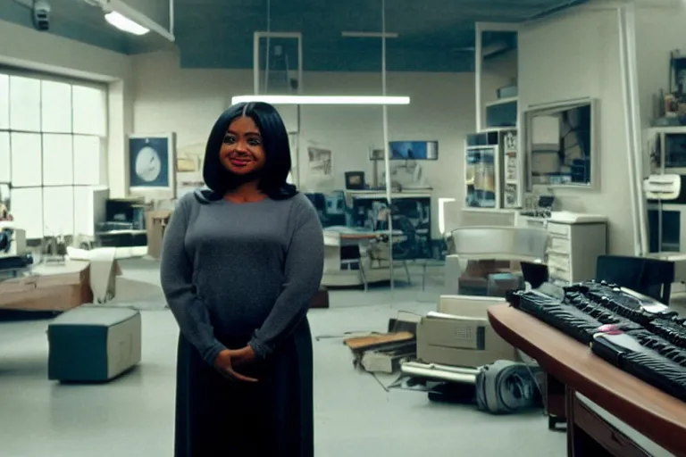 Image similar to cinematic screenshot of octavia spencer in a used electronics store standing in front of an old keyboard, iconic scene from the paranoid sci fi thriller film directed by pt anderson, apartment set in the near future, cinematic shot with anamorphic lenses, color theory, apartment design, leading lines, photorealistic, volumetric lighting, 2 0 2 2 4 k film