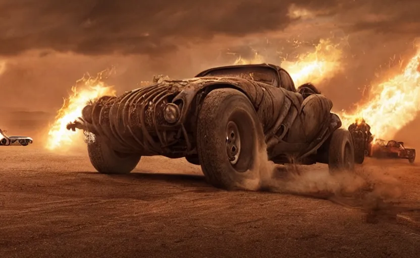 Image similar to flash mcqueen in mad max fury road, realistic, still from a movie