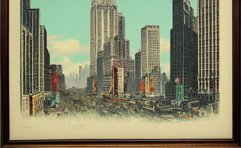 Prompt: vaporwave art deco lithograph of new york city by adolphe millot