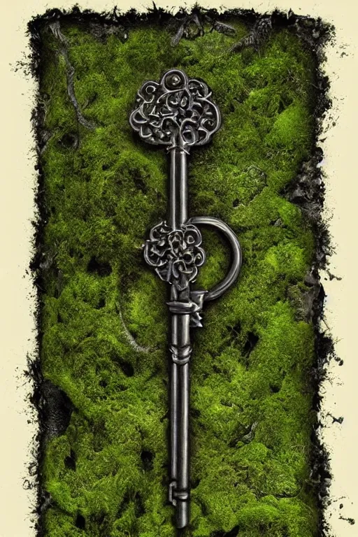 Image similar to mysterious intricate key of death, partially covered by moss and algae, on a perfectly black background, cgsociety