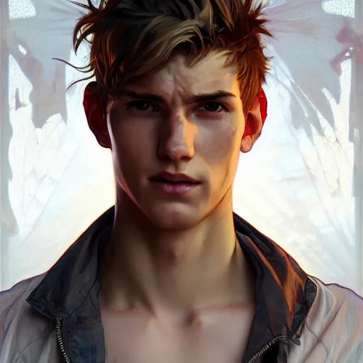 Prompt: character concept portrait, symmetrical head-on centralized, tired young man wearing tattered clothes. Detailed, high quality, dynamic lightning, fantasy. Artwork by Artgerm, WLOP, Alex Ross, Greg Rutknowski, Alphonse Mucha