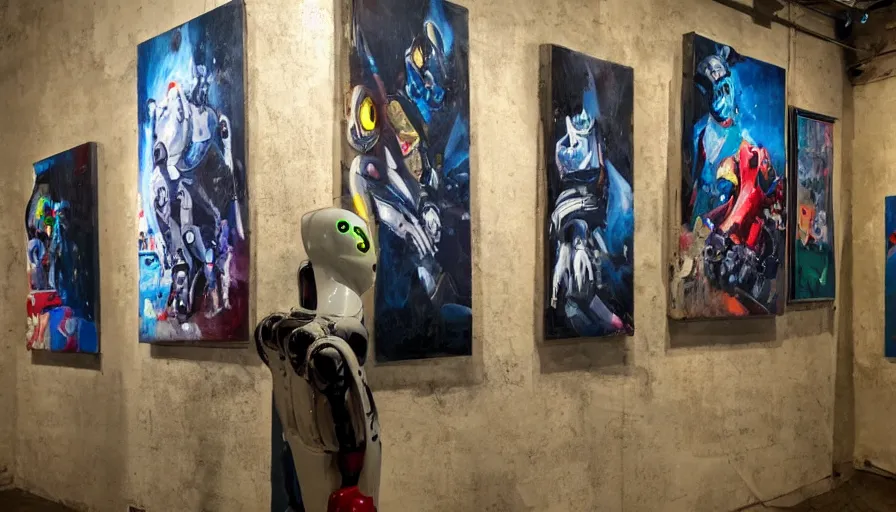 Prompt: robots! painting on canvases in a decrepit art gallery, dramatic lighting