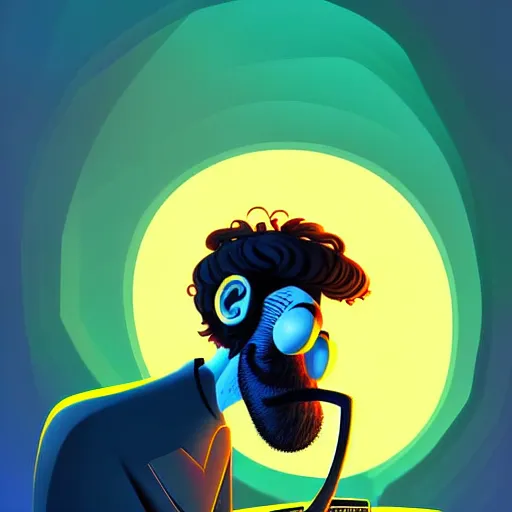 Image similar to curled perspective digital art of curly grey hair bearded man with big nose using a computer by anton fadeev from nightmare before christmas