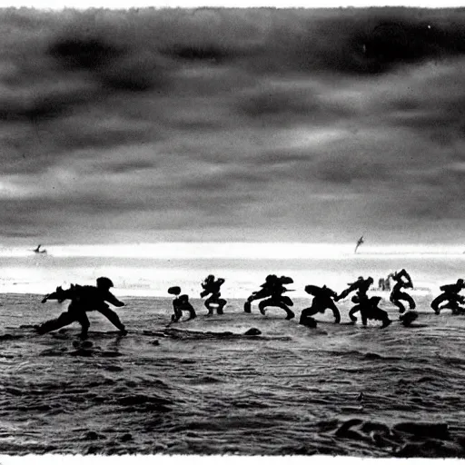 Image similar to the running soldiers in the sea in the d - day, by robert capa,