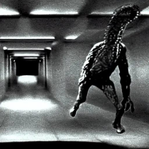 Prompt: a terrified scientist running from a huge slimy alien that came through a particle beam portal. Still frame from 80s horror film.