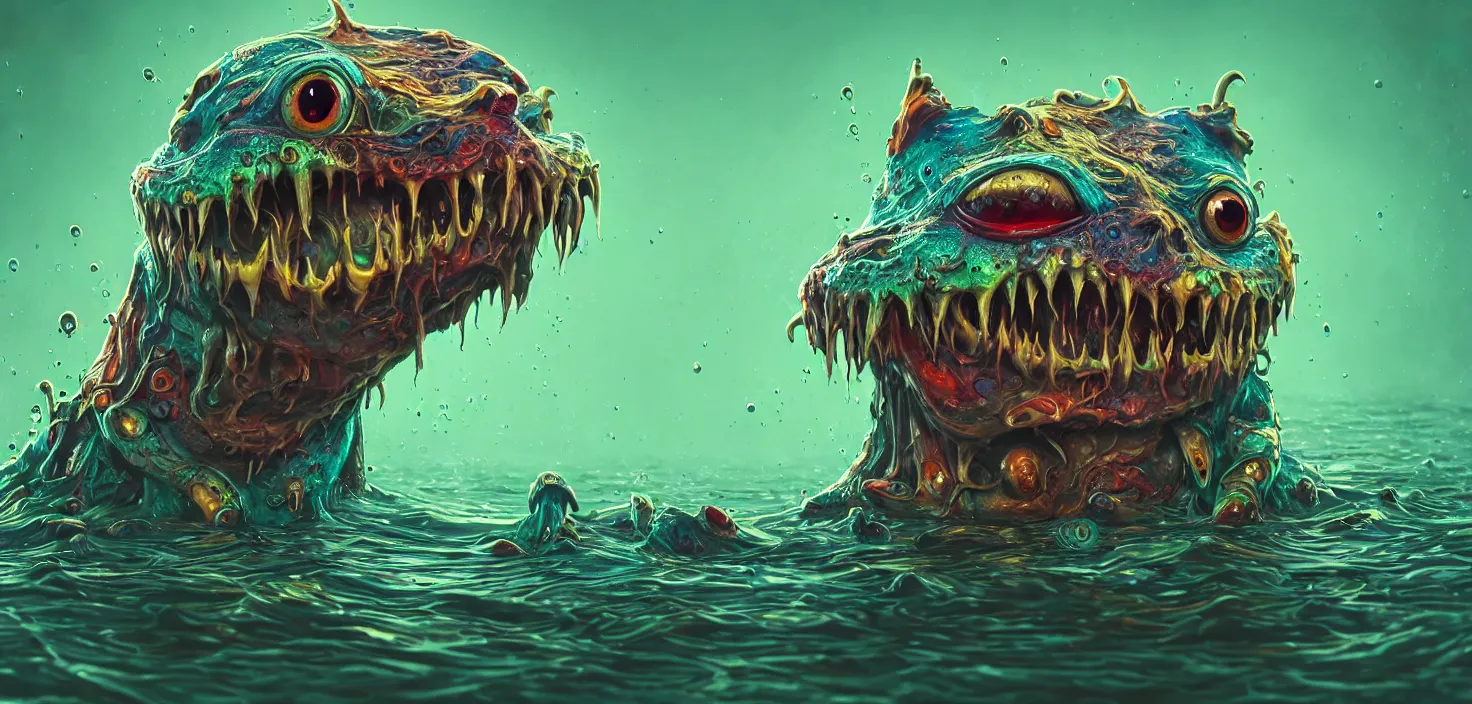 Prompt: intricate colourful murky with strange cute friendly angry crazy creatures with huge beauty eyes / / / long tongue triangle teeth and scary face appearing from the water, in the style of craola, shallow depth of field, highly detailed, digital painting, trending artstation, concept art, illustration, cinematic lighting, vibrant colors, photorealism, epic, octane render