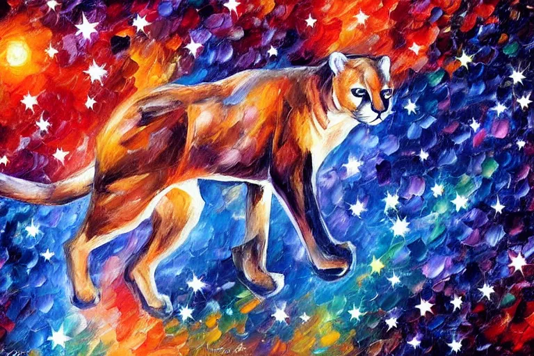 Prompt: the night sky, stars forming the shape of a cougar, dull colours, sky focus, night time, trending on artstation, artwork by leonid afremov