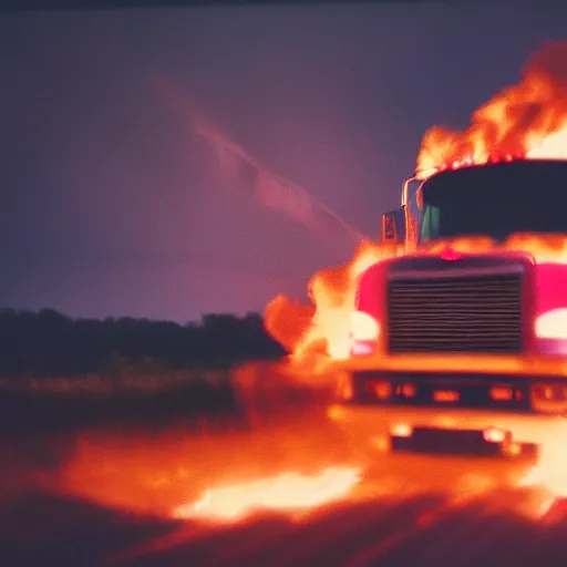 Prompt: analog photograph of a truck on fire, driving on the freeway, big smoke clouds visible, flames, sparks, film grain, depth of field, bokeh, color bleed