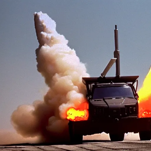 Image similar to HIMARS Launcher System as the American Psycho, cinematic still