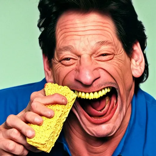 Prompt: jim varney pouring out a box of cereal into a white bowl laughing hard with large buck teeth, award winning cereal commercial