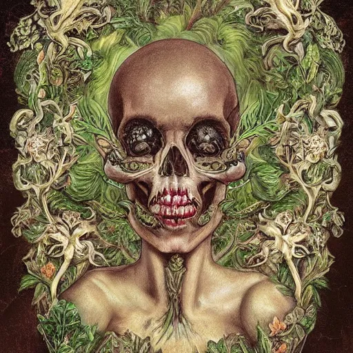 Image similar to a beautiful detailed front view rococo portrait of a rotten woman corpse becoming almost a skull with face muscles, veins, arteries, fractal plants and fractal flowers and mushrooms growing around, intricate, ornate, volumetric light, beautiful lit, beetlejuice