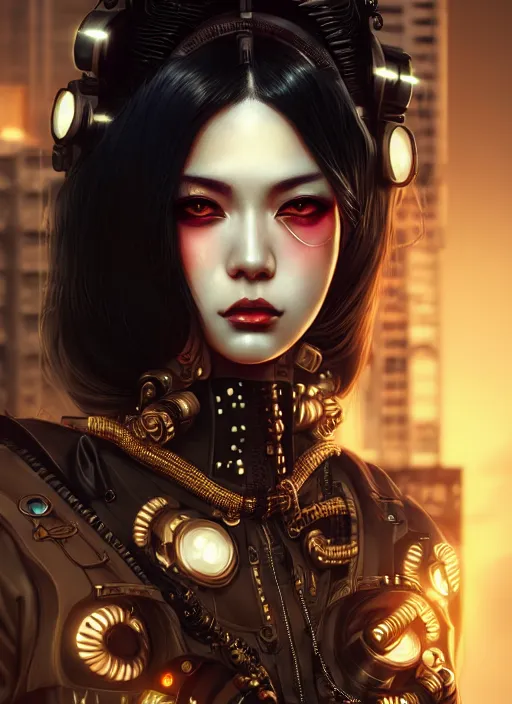 Image similar to soft lustrous ebony geisha seductive raver gutter punk steampunk cyborg, yakuza, golden ratio, details, scifi, fantasy, cyberpunk city, intricate, decadent, highly detailed, octane render, digital painting, artstation, concept art, sharp focus, illustration, art by artgerm, loish, wlop