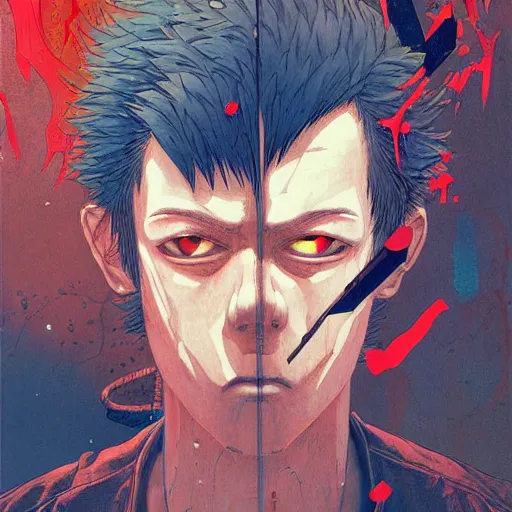 Prompt: prompt : chainsaw man portrait soft light painted by james jean and katsuhiro otomo and erik jones, inspired by akira anime, smooth face feature, intricate oil painting, high detail illustration, sharp high detail, manga and anime 1 9 9 9