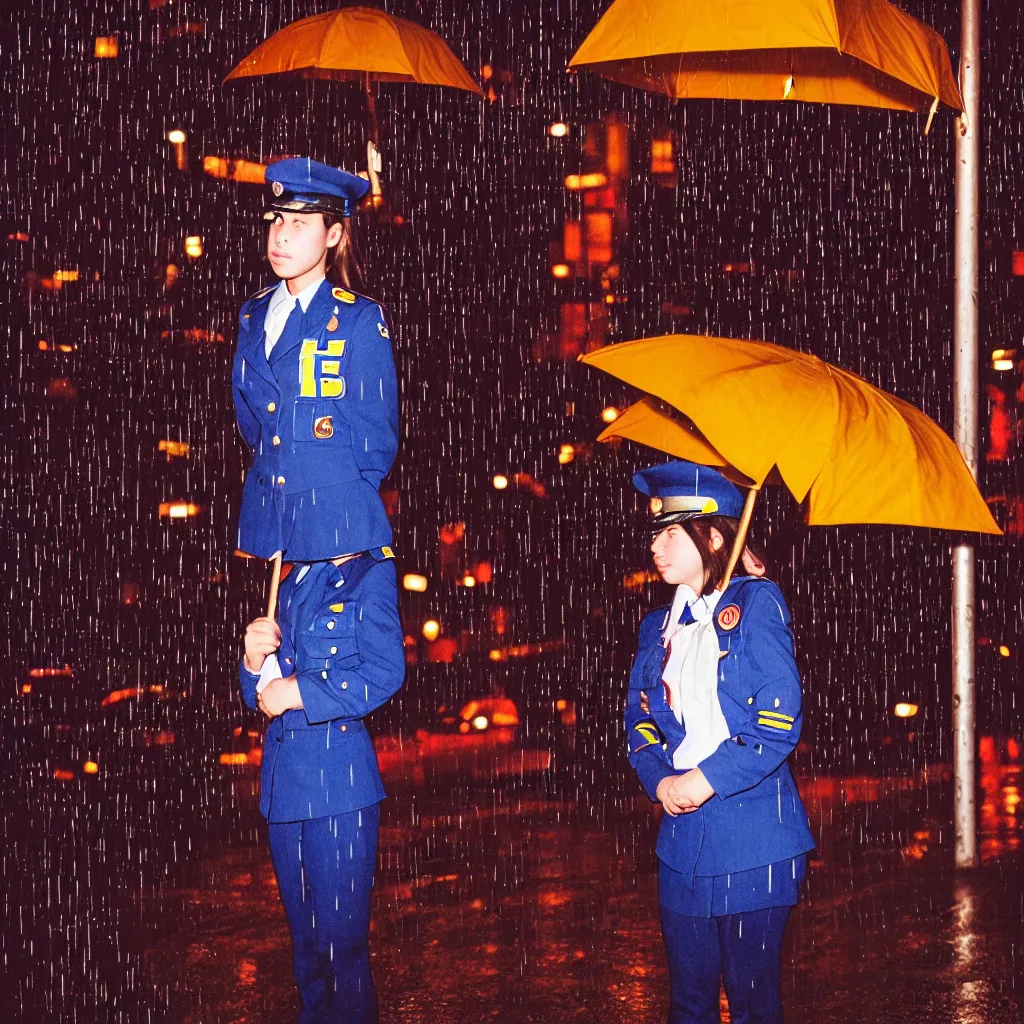 Image similar to night flash portrait photography of a high school girl in uniform on the lower east side by annie leibovitz, colorful, nighttime!, raining!