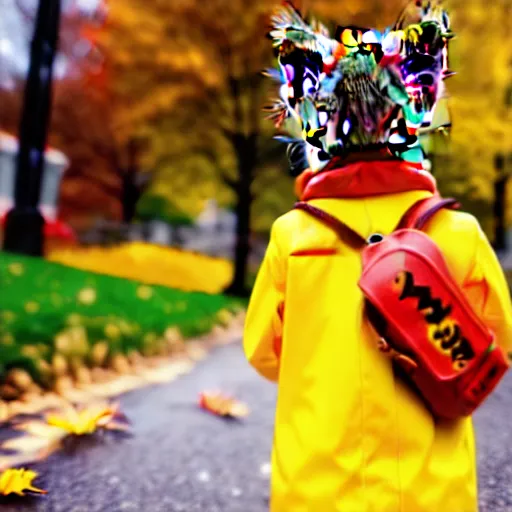 Image similar to anthropomorphic cute kitten wearing a yellow raincoat and yellow boots and red backpack standing next to a schoolbus on the first day of kindergarten, with colorful fall leaves and light rain, critical moment photograph