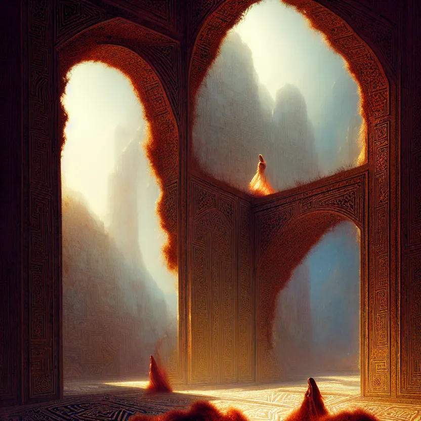 Image similar to magic fluffy Persian carpet & mirror dimension, vertical labyrinth structure, vast vistas, by Greg Rutkowski and Gaston Bussiere, dim lighting, beautiful volumetric-lighting-style atmosphere, surreal atmosphere, intricate, detailed, photorealistic imagery, artstation