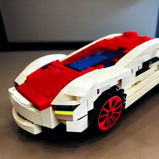 Prompt: a lego tesla car