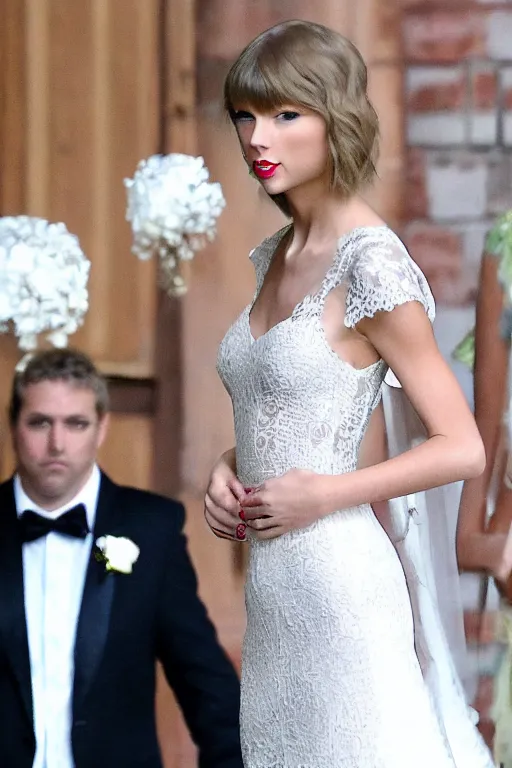 Image similar to waist - up photo of taylor swift in a beautiful wedding dress, focus on face and facial details