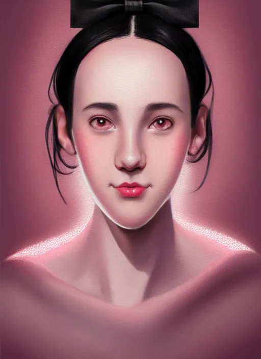 Image similar to portrait of high school girl, realistic, black hair, bangs, half updo hairstyle, pointy nose, skinny, smile, ugly, defined jawline, big chin, pink hair bow, earrings, intricate, elegant, glowing lights, highly detailed, digital painting, artstation, sharp focus, illustration, art by wlop, mars ravelo and greg rutkowski