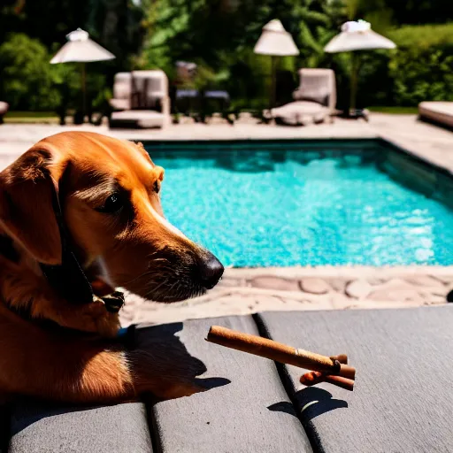 Image similar to a very detailed photo of a dog smoking a cigar outside the mansion by the pool