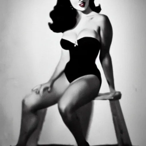 Image similar to a grainy low resolution film photo of Bettie Page