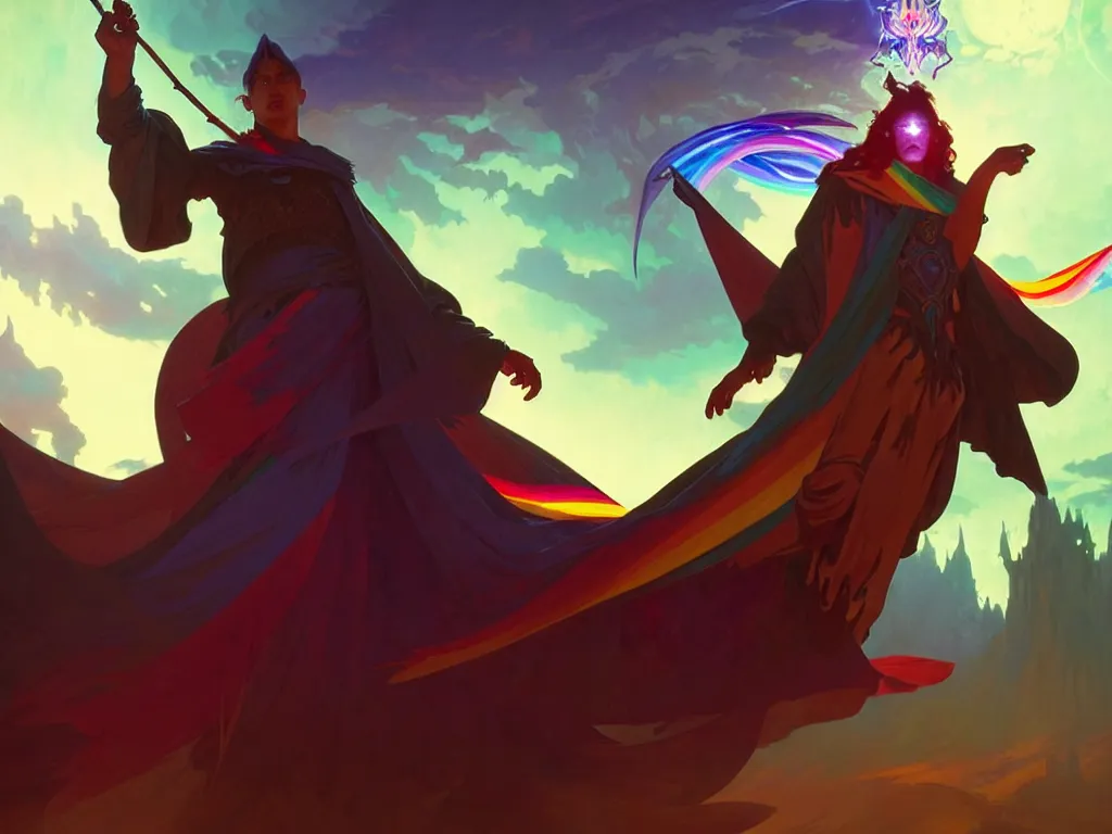 Image similar to concept art of a scene with a stylish sorcerer banishing the darkness and its evil servants with a rainbow spell, up close, d & d, rpg, trending on artstation, award winning painting, cgi, art by greg rutkowski and alphonse mucha and anton fadeev and john howe