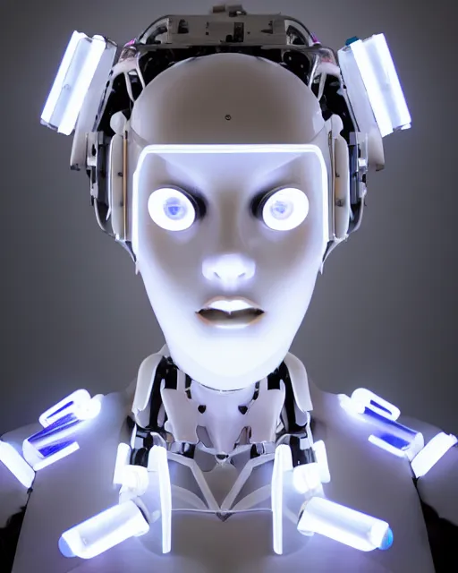 Image similar to beautiful photo of sensual dancer as a cyberpunk mecha humanoid robotic head shoulder parts with straight bright led lights, inside white room, ultra - realistic and detailed, 8 k