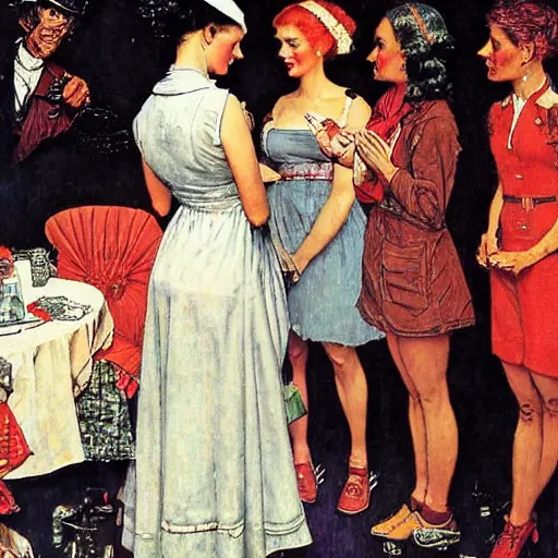 Prompt: A synthetic woman meets others for the first time, by Norman Rockwell.