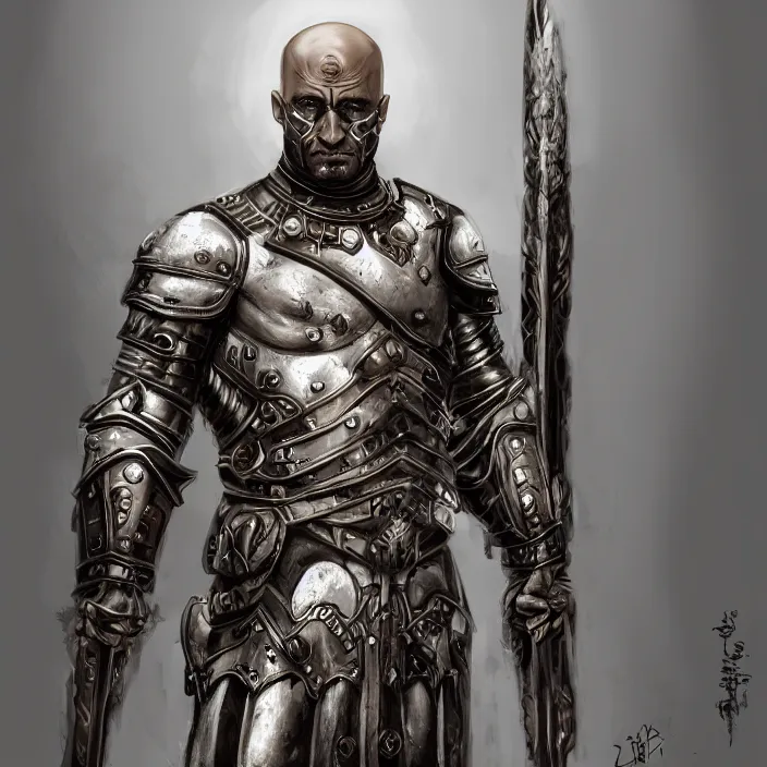 Image similar to a highly detailed symmetrical full body painting of a bald male warrior in dark armour with piercing eyes in dark tomb setting, dynamic lighting, ambient lighting, deviantart, artstation