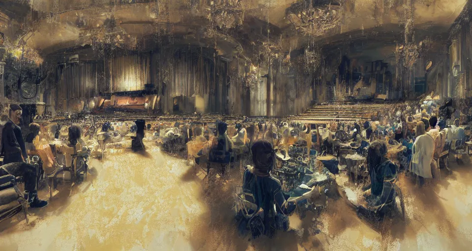 Image similar to craig mullins and ghibli digital art of inside the theater, on the stage, masked female violinists, exotic costumes, gold jewelry, black hair, solo performance hyper realism, realistic shading, cinematic composition, realistic render, octane render, detailed textures, photorealistic, wide shot