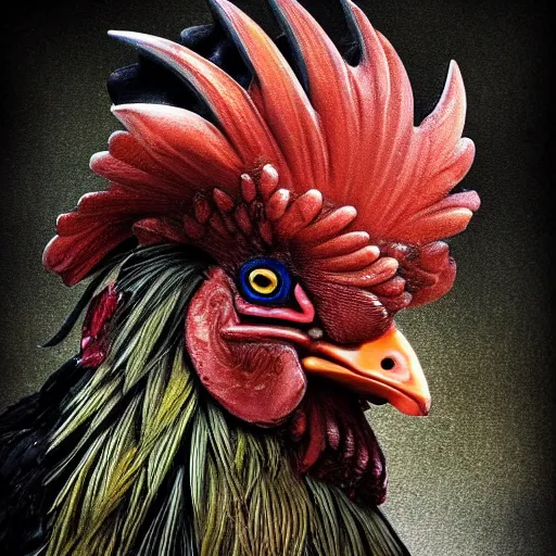 Prompt: fantasy art ultra detailed photo of the most interesting rooster king in all it's glory