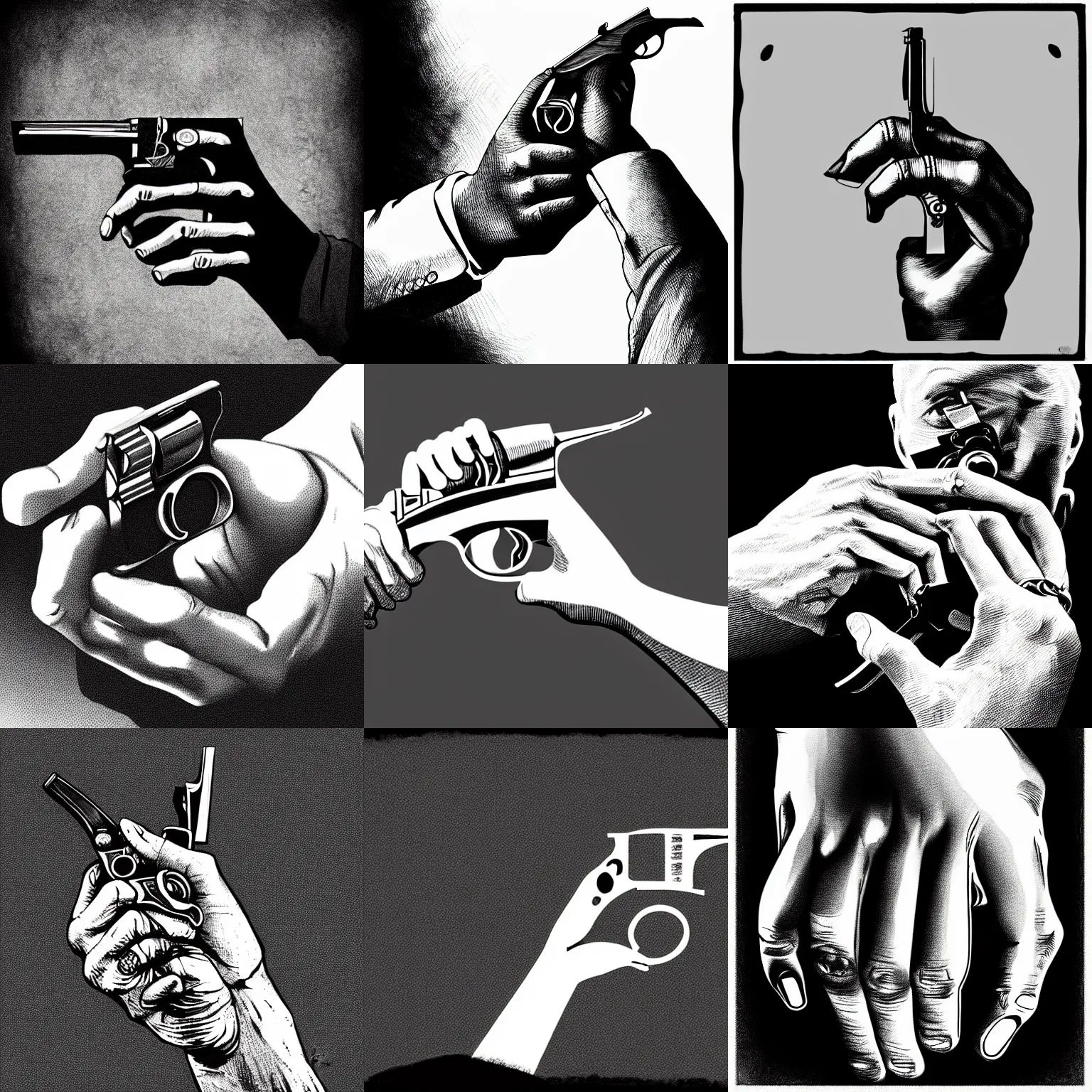 Prompt: pen and ink portrait of a hand gripping a revolver with its finger on the trigger, impressive scene. grainy and rough. black and white colour scheme. beautiful artistic detailed digital art