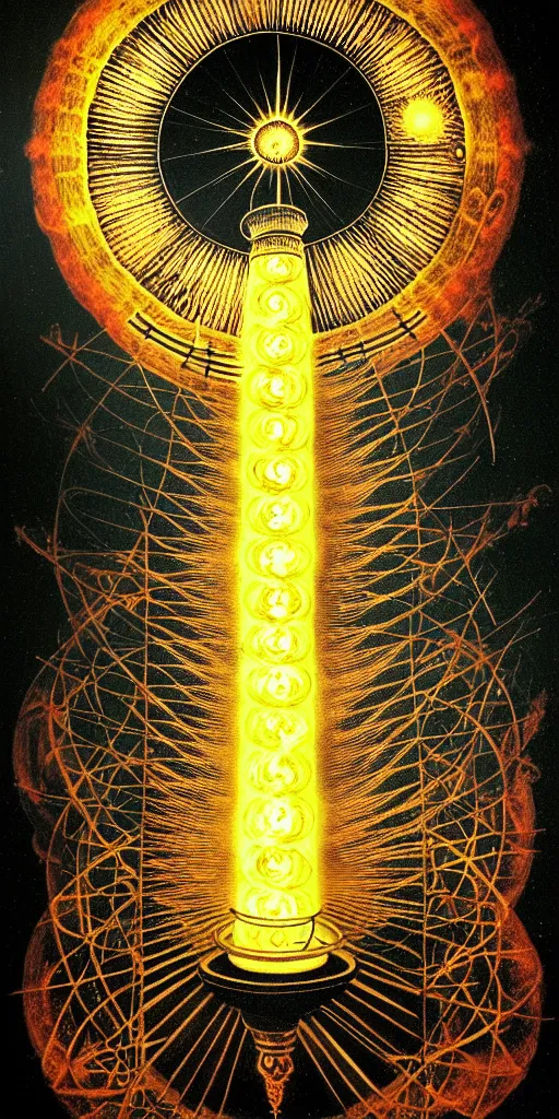 Prompt: an alchemical fiery lighthouse ego - self axis radiates a unique canto'as above so below'while being ignited by the spirit of haeckel and robert fludd, breakthrough is iminent, glory be to the magic within, in honor of saturn, painted by ronny khalil with dramatic lighting from the blue fire's glow