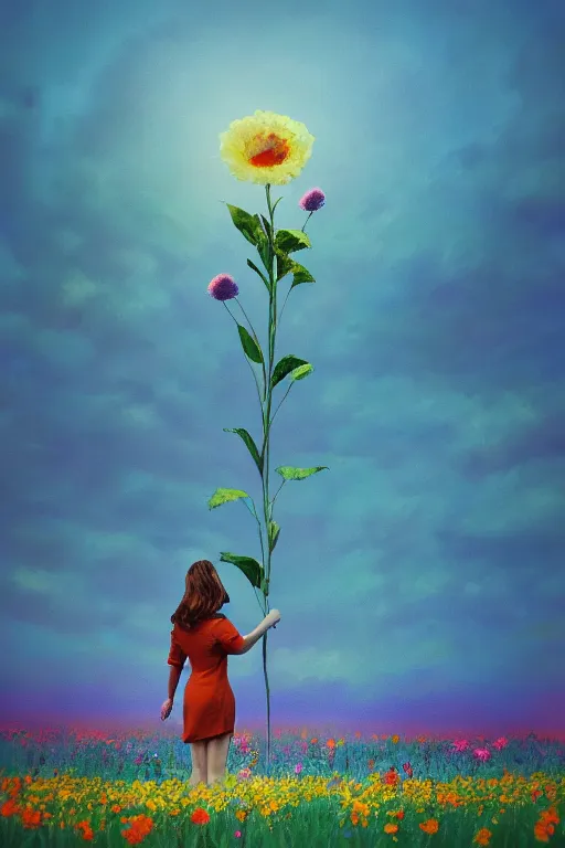 Image similar to closeup, giant flower head, girl in suit standing in a field of flowers, surreal photography, sunrise, blue sky, dramatic light, impressionist painting, digital painting, artstation, simon stalenhag