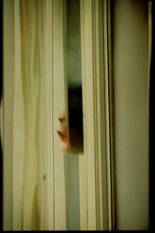 Image similar to kodak portra 4 0 0 photograph of a person looking out through their window, eyes, beautiful eyes, stunning eyes, close up, telephoto, faded effect, grain,