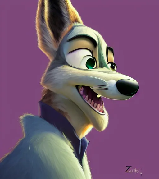 Image similar to oil painting of detailed full body of anthromorphic female wolf, in style of zootopia, zootopia, zootopia, fursona, furry, furaffinity, 4 k, deviantart, furry art, fursona art, wearing black business suit, business suit, in style of zootopia, wolf fursona, cyberpunk, female, expressive detailed feminine face,