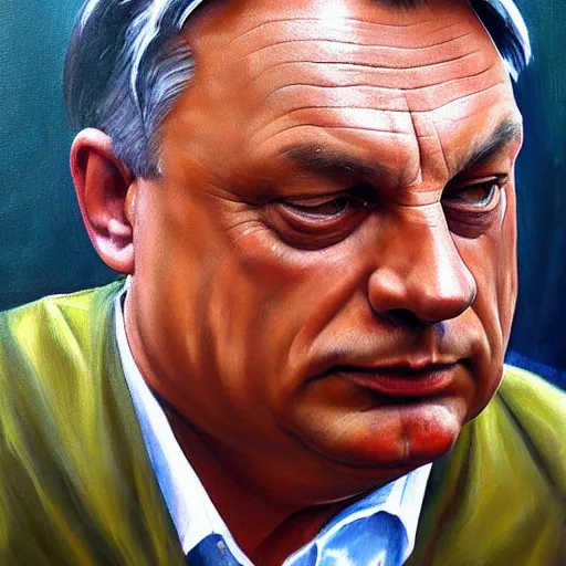 Prompt: viktor orban whittling, oil painting