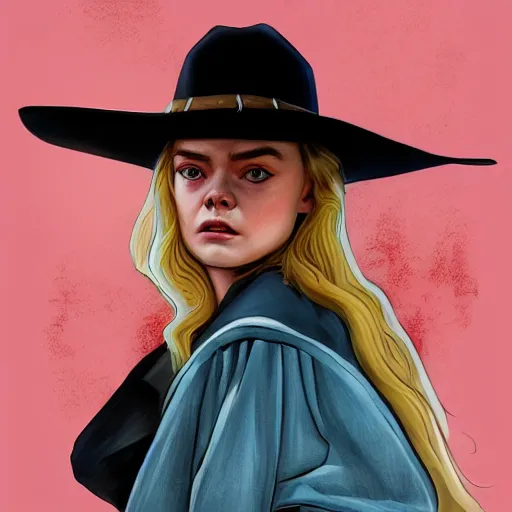 Prompt: comic style portrait painting of elle fanning as a western outlaw, art by erick arciniega, 4 k, comic style, highly detailed, epic lighting