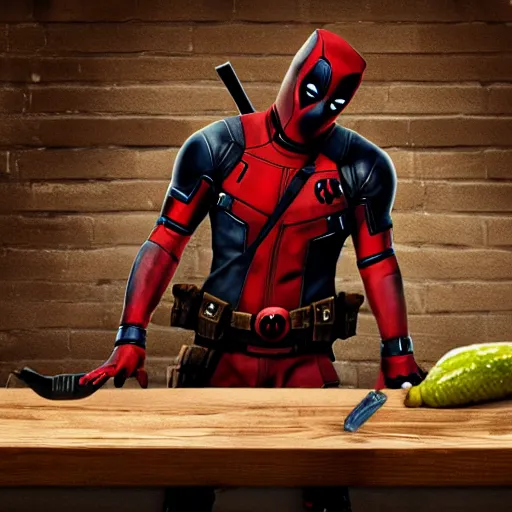 Image similar to movie still of deadpool as a pickle sitting on a workbench, high resolution, cartoon