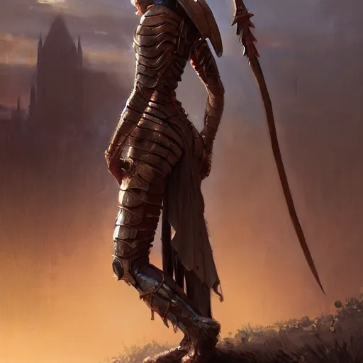 Image similar to a girl in insect - armor, holds a spear, by greg rutkowski, magic the gathering, highly detailed, 4 k