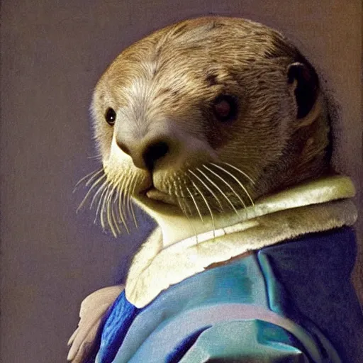 Image similar to a sea otter with a pearl earring, by Johannes Vermeer