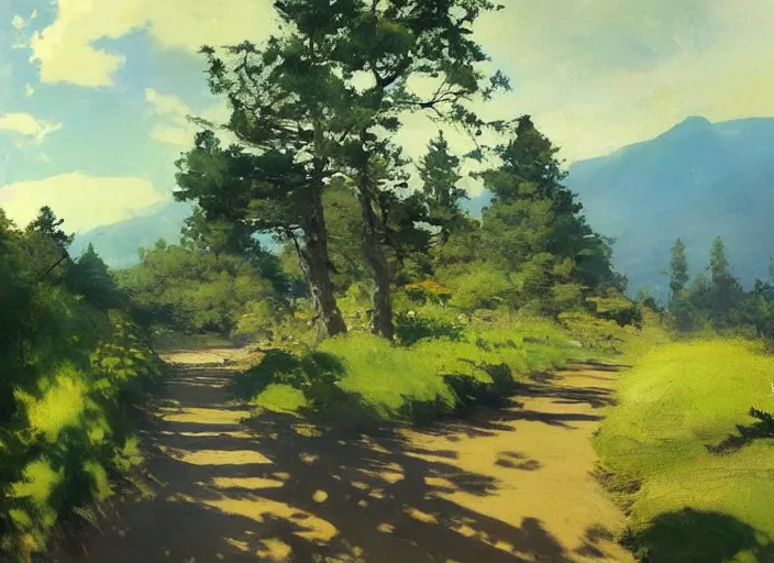 Image similar to oil painting of japanese forest path in midday by anders zorn, wonderful art by studio ghibli, incredible lighting, shadows, beautiful cinematic light, american romanticism by greg manchess, tall rocky mountains and storm clouds, sun rays, sunshine, bright sunny summer day, stone walls and wooden fences, meadow